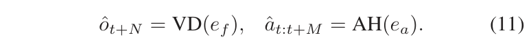 o_hat_(t+N) = VD(e_f), a_hat_(t:t+M) = AH(e_a)